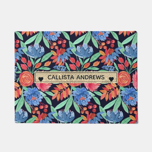 Monogram voor moderne Waterverf in Artsy Coral Blu Deurmat (Voorkant)