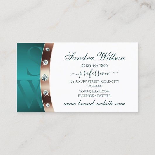 Monogram voor moderne witte en Blauwgroen Roos Gol Visitekaartje (Achterkant)