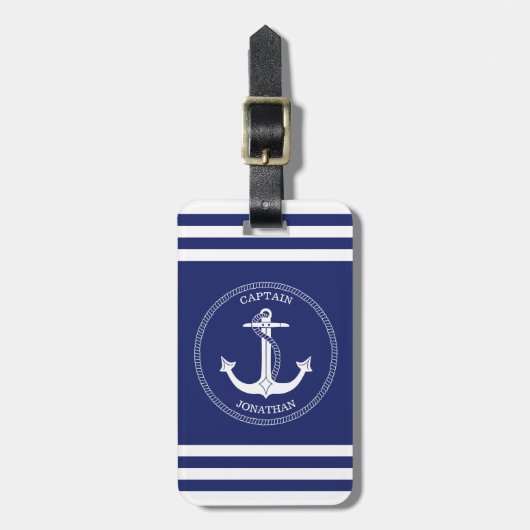 Monogram voor Nautical Anchor Navy Blue White Stri Bagagelabel (Voorkant verticaal)