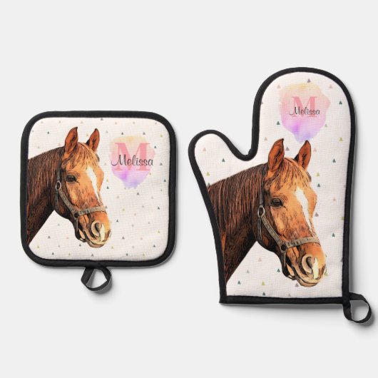 Monogram voor paardendier paardensportstallen ovenwant & pannenlap set (Voorkant)