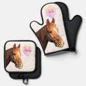 Monogram voor  paardendier paardensportstallen ovenwant & pannenlap set (Voorkant / Achterkant)