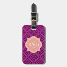Monogram voor paarse meisjesgriekse sleutelpatrone bagagelabel
