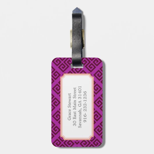 Monogram voor paarse meisjesgriekse sleutelpatrone bagagelabel (Achterkant verticaal)