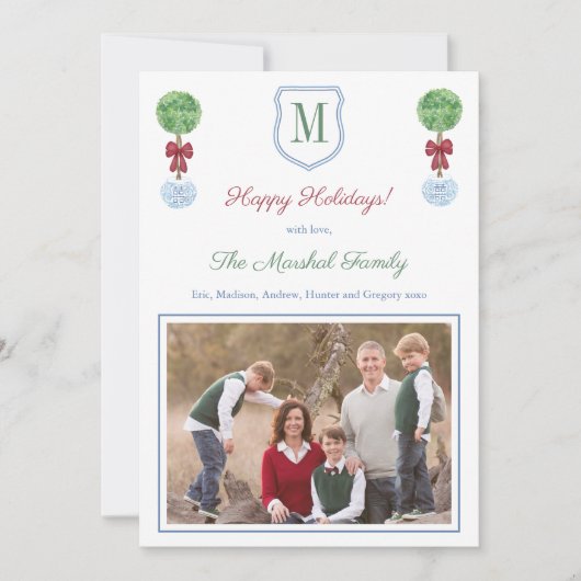 Monogram voor rode en groene familie Prettige fees Feestdagenkaart (Voorkant)