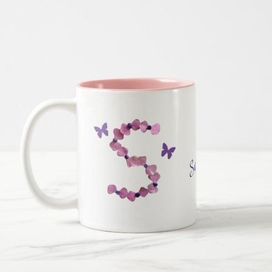 Monogram voor roze bloemkralen tweekleurige koffiemok (Links)