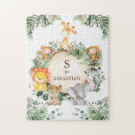 Monogram voor speciaal voor Oerwoud bestemde indiv Legpuzzel<br><div class="desc">Dit trendy ontwerp kenmerkt een groep schattige safari dieren en de rustige waterverf botanische groen. Pas het aan met de naam van uw kind door op de knop 'Personaliseren' te klikken.</div>