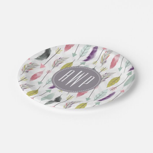 Monogram voor veren en pijlen papieren bordje (Gekanteld)