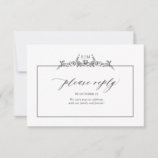 Monogram voor zwart-wit-Floral-rand bruiloft RSVP Kaartje (Voorkant)