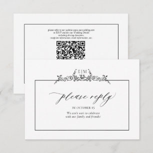 Monogram voor zwart-wit-Floral-rand bruiloft RSVP Kaartje