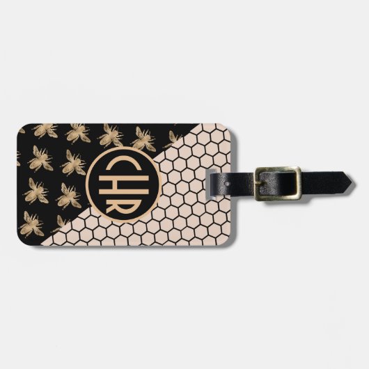 Monogram voor zwarte en goudbijen en roze honingra bagagelabel (Voorkant horizontaal)