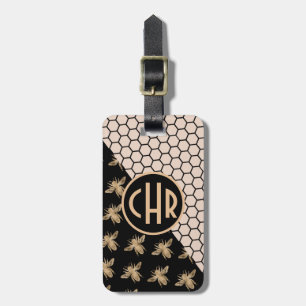 Monogram voor zwarte en goudbijen en roze honingra bagagelabel