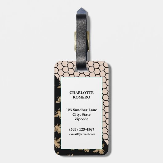Monogram voor zwarte en goudbijen en roze honingra bagagelabel (Achterkant verticaal)