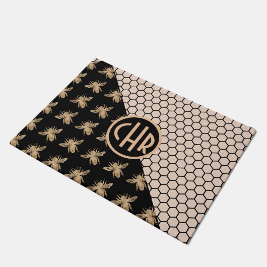 Monogram voor zwarte en goudbijen en roze honingra deurmat (Schuin)