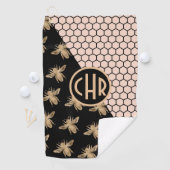 Monogram voor zwarte en goudbijen en roze honingra golfhanddoek (Insitu)