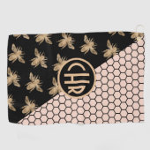 Monogram voor zwarte en goudbijen en roze honingra golfhanddoek (Horizontaal)