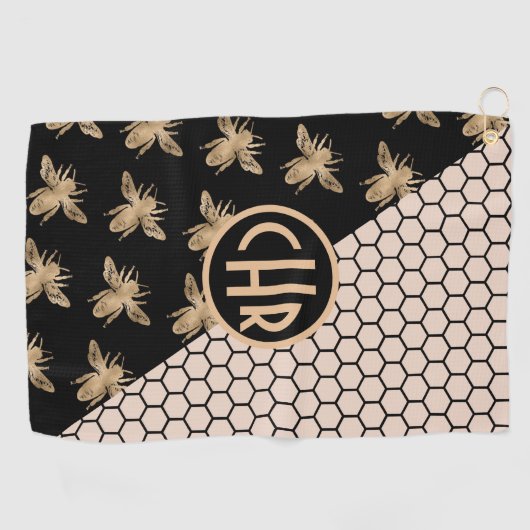 Monogram voor zwarte en goudbijen en roze honingra golfhanddoek (Horizontaal)