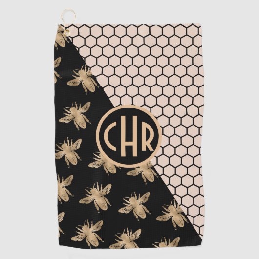 Monogram voor zwarte en goudbijen en roze honingra golfhanddoek (Voorkant)