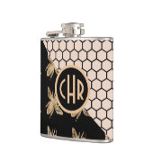 Monogram voor zwarte en goudbijen en roze honingra heupfles (Links)