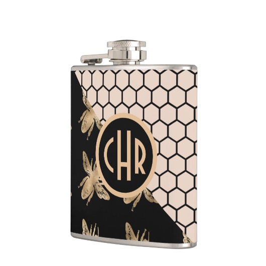Monogram voor zwarte en goudbijen en roze honingra heupfles (Links)