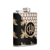 Monogram voor zwarte en goudbijen en roze honingra heupfles (Rechts)