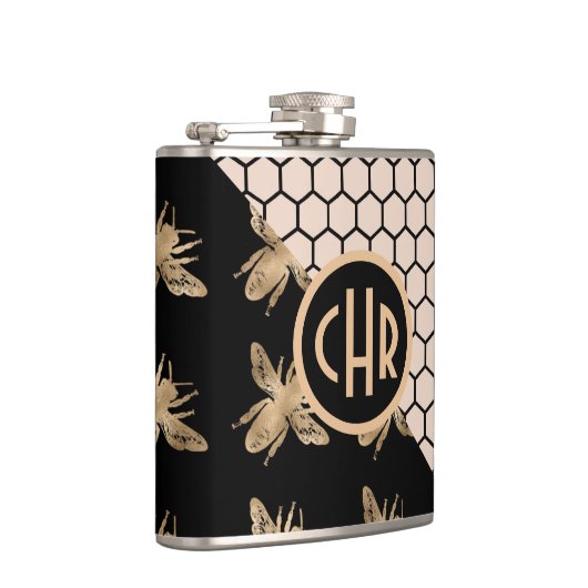 Monogram voor zwarte en goudbijen en roze honingra heupfles (Rechts)