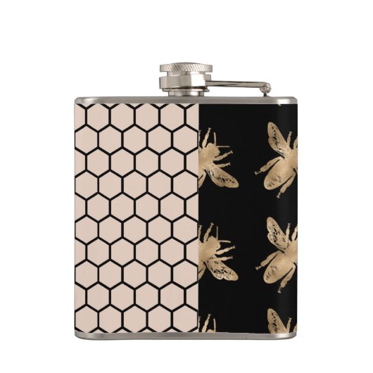 Monogram voor zwarte en goudbijen en roze honingra heupfles (Achterkant)