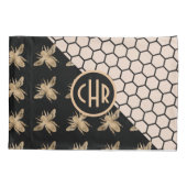 Monogram voor zwarte en goudbijen en roze honingra kussensloop (Achterkant)