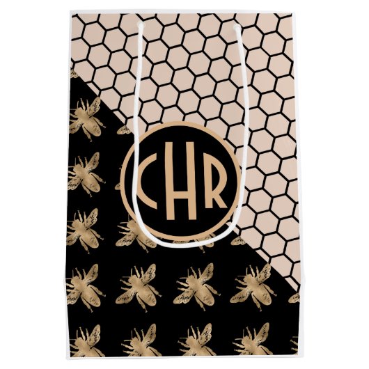 Monogram voor zwarte en goudbijen en roze honingra medium cadeauzakje (Achterkant)