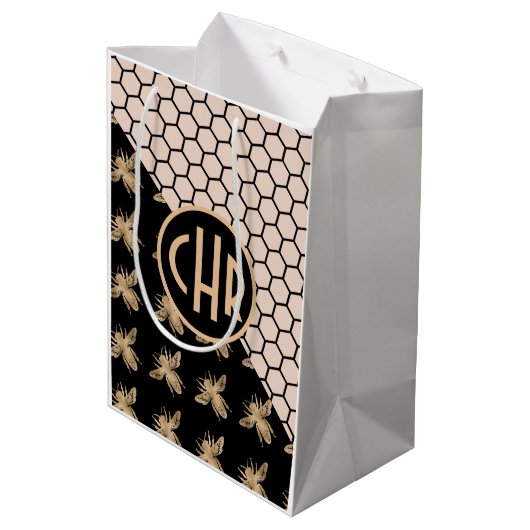 Monogram voor zwarte en goudbijen en roze honingra medium cadeauzakje (Achterkant Gekanteld)
