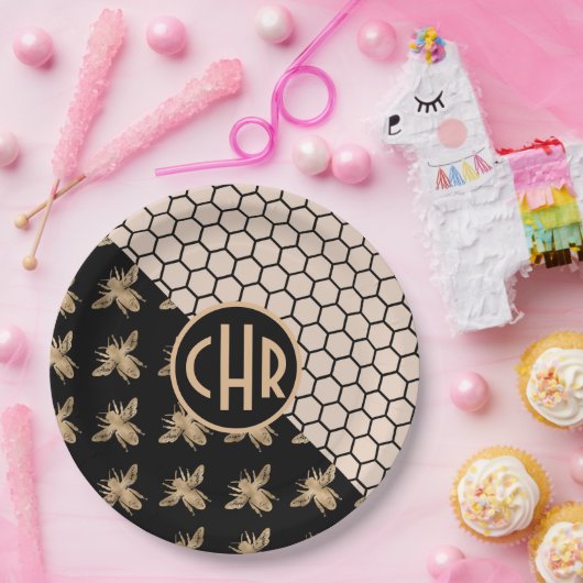 Monogram voor zwarte en goudbijen en roze honingra papieren bordje (Feest)