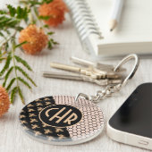 Monogram voor zwarte en goudbijen en roze honingra sleutelhanger (Voorkant Rechts)