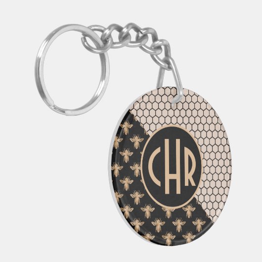 Monogram voor zwarte en goudbijen en roze honingra sleutelhanger (Voorkant Links)