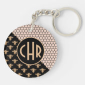 Monogram voor zwarte en goudbijen en roze honingra sleutelhanger (Achterkant)
