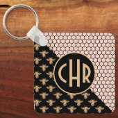 Monogram voor zwarte en goudbijen en roze honingra sleutelhanger (Voorkant)