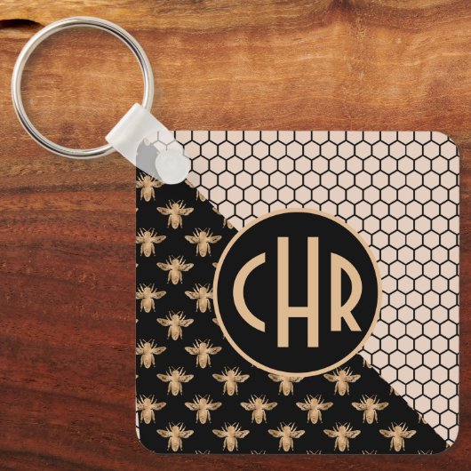 Monogram voor zwarte en goudbijen en roze honingra sleutelhanger (Voorkant)