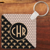 Monogram voor zwarte en goudbijen en roze honingra sleutelhanger (Achterkant)