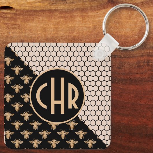 Monogram voor zwarte en goudbijen en roze honingra sleutelhanger (Achterkant)