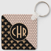 Monogram voor zwarte en goudbijen en roze honingra sleutelhanger (Achterkant)