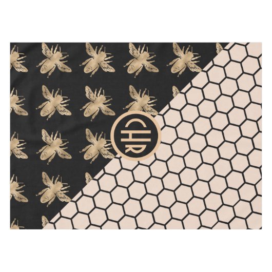 Monogram voor zwarte en goudbijen en roze honingra tafelkleed (Voorkant (Horizontaal))