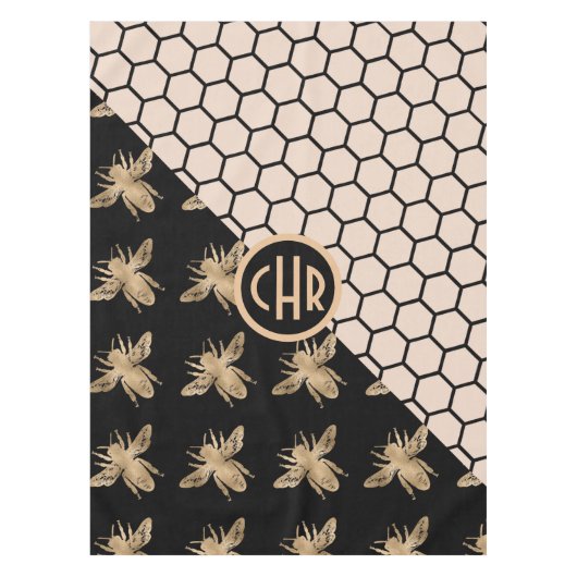 Monogram voor zwarte en goudbijen en roze honingra tafelkleed (Voorkant)
