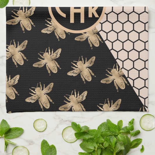 Monogram voor zwarte en goudbijen en roze honingra theedoek (Gevouwen)
