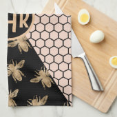 Monogram voor zwarte en goudbijen en roze honingra theedoek (Quarter Fold)