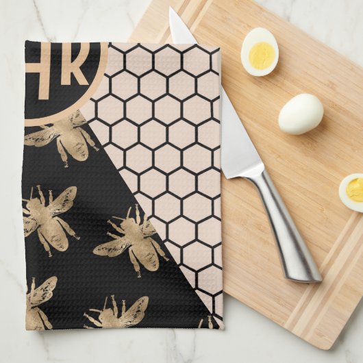 Monogram voor zwarte en goudbijen en roze honingra theedoek (Quarter Fold)