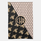 Monogram voor zwarte en goudbijen en roze honingra theedoek (Verticaal)