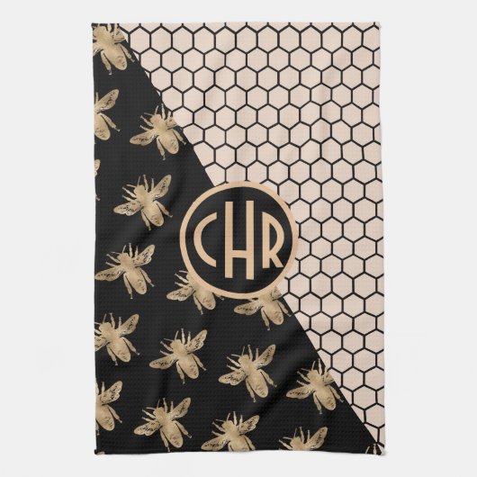 Monogram voor zwarte en goudbijen en roze honingra theedoek (Verticaal)