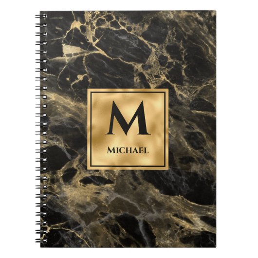 Monogram voor zwarte en goudmarmer Elegant Luxury Notitieboek (Voorkant)