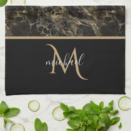 Monogram voor zwarte en goudmarmer Elegant Luxury Theedoek (Gevouwen)