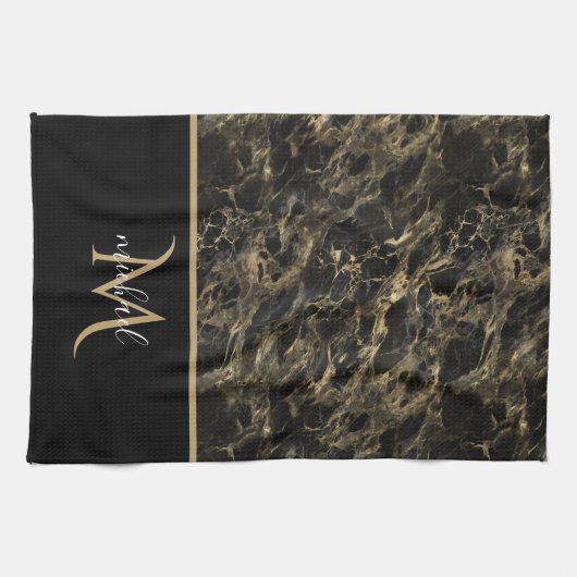 Monogram voor zwarte en goudmarmer Elegant Luxury Theedoek (Horizontaal)