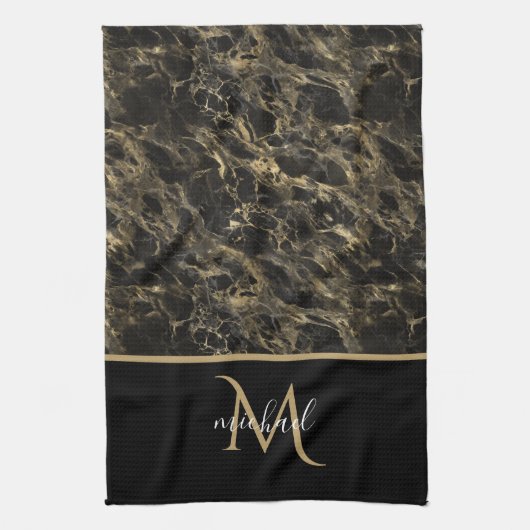 Monogram voor zwarte en goudmarmer Elegant Luxury Theedoek (Verticaal)