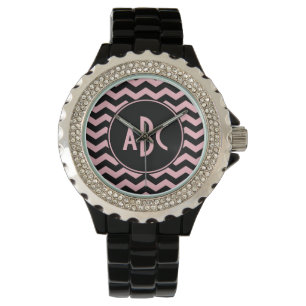 Monogram voor zwarte en roze zigzag horloge